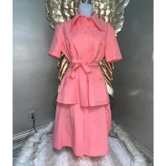 Vintage 70s Pink Collared Skirt Suit Set - Belted Waist - Picture 1 of 15